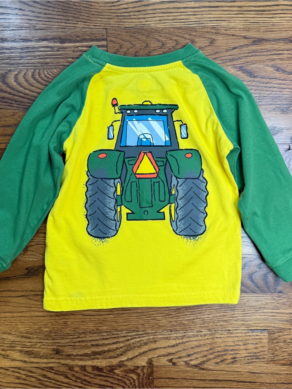 John Deere Boys Yellow Body Green Sleeve Tractor Tee Reverse Tractor on Back 2T - Picture 10 of 11